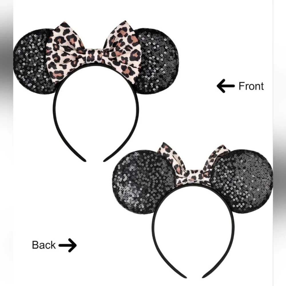 🍎New Leopard Print Bow Black Sequin Mickey & Minnie Mouse Ears Headband Disney